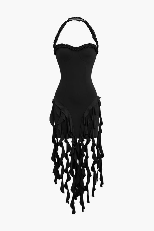 Ruffle Tassel Halter Bustier Mini Dress