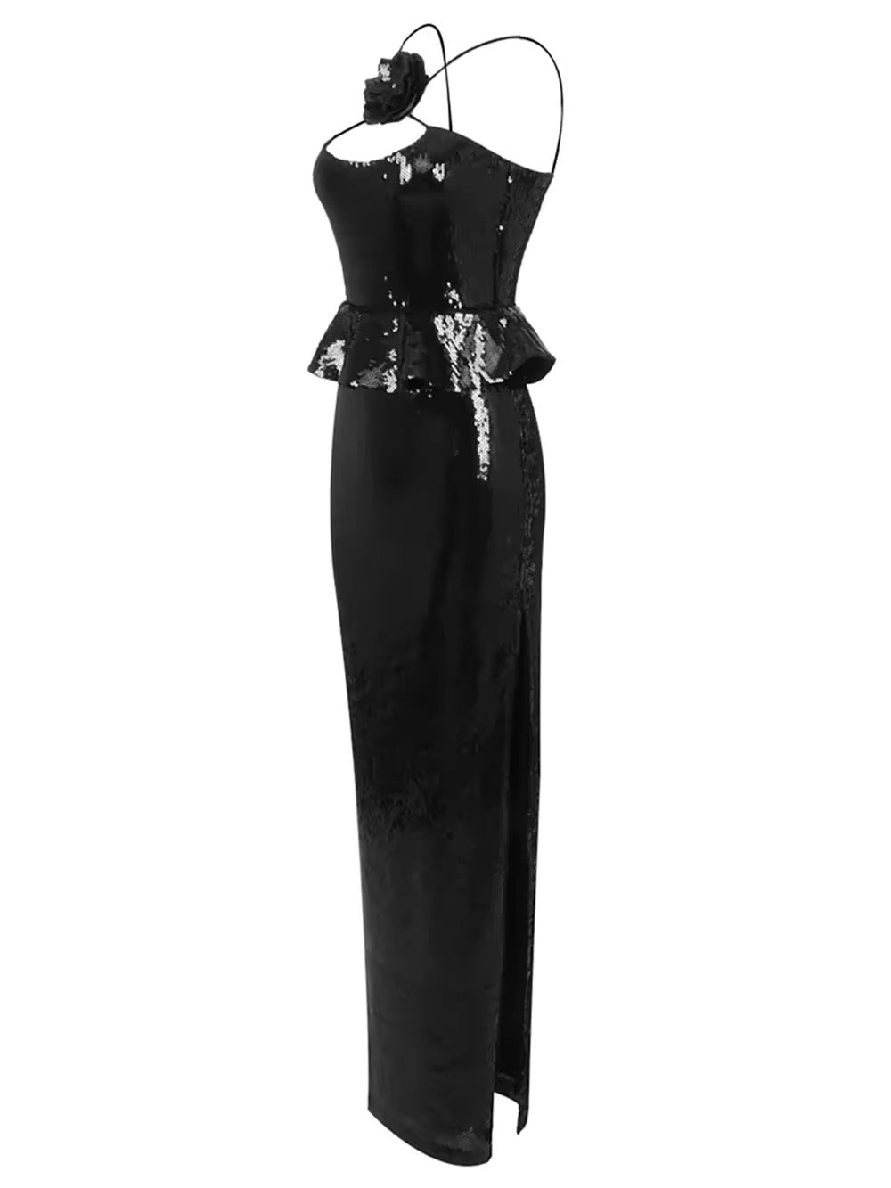 Backless Halter Black Mesh Sequins Flower Maxi Long Gowns Dress