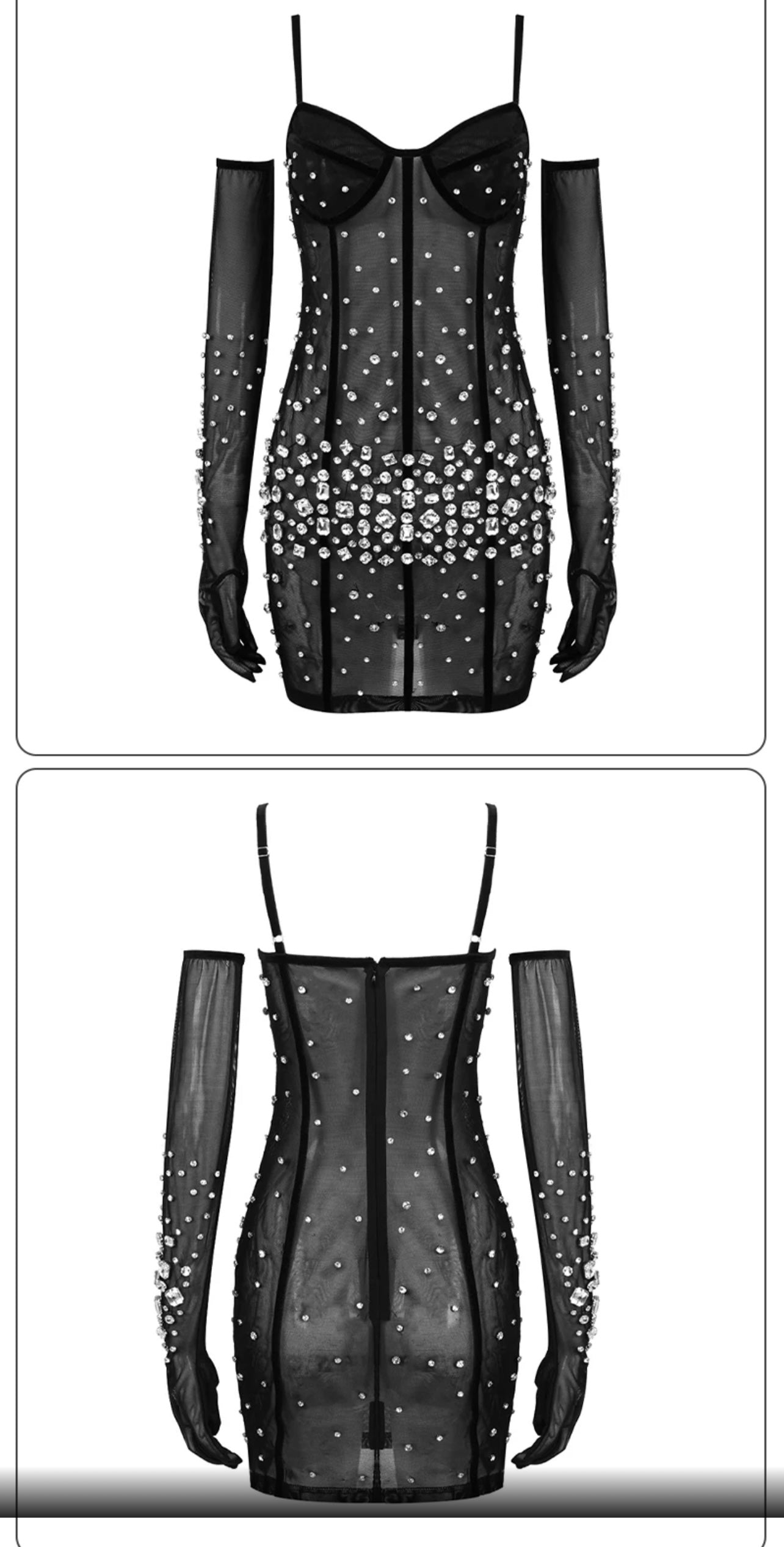 See Through Mesh Black Crystal Design Mini Dress