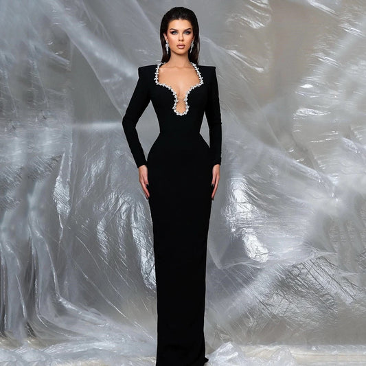 V-neck Diamond Mesh Long Sleeve Tight Long Bandage Dress