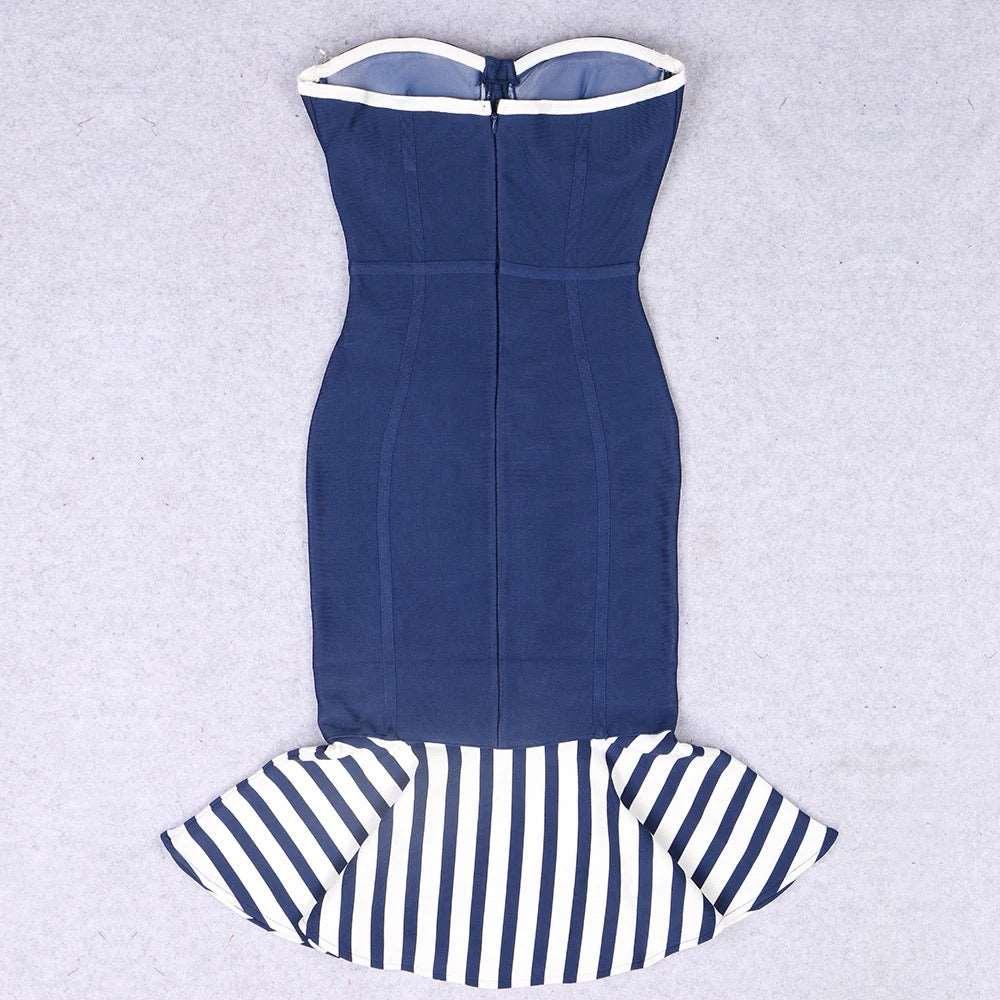 BLUE STRIPE OFF SHOULDER MIDI DRESS REBECATHELABEL