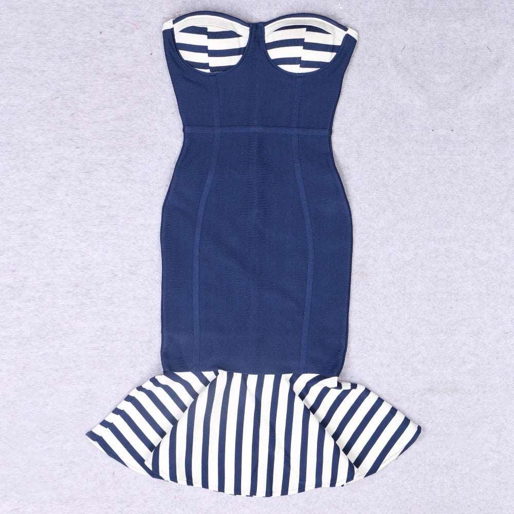 BLUE STRIPE OFF SHOULDER MIDI DRESS REBECATHELABEL