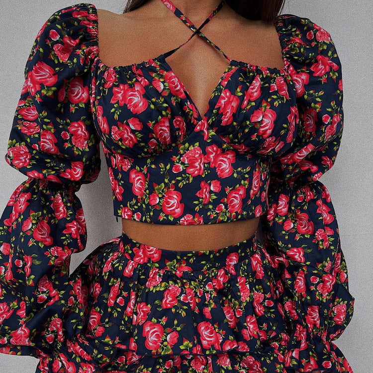 Backless Halter Sling Top Puff Short Skirt Two Piece Set REBECATHELABEL