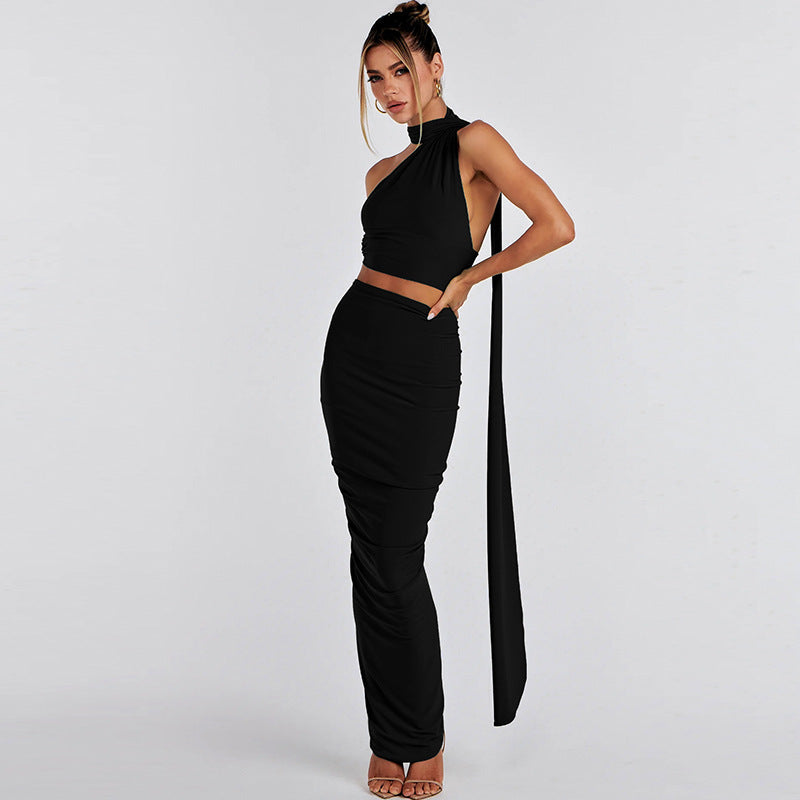 Backless Tube Top Slim Pleated Skirt Set REBECATHELABEL