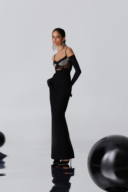 Backless V-neck Sleeveless Beaded Hollow Long Bandage Dress REBECATHELABEL