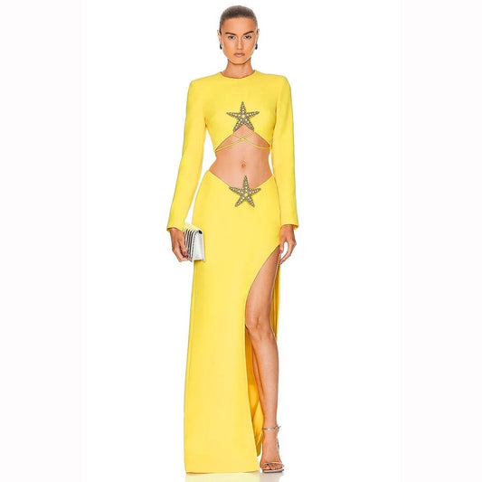 Beaded Starfish Diamond Sexy Long Sleeve Short Top set REBECATHELABEL