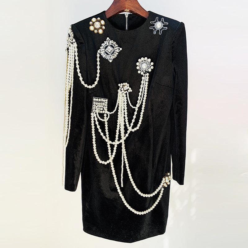 Beads String Pearl Badge Long Sleeve Slim Fit Pleuche Dress REBECATHELABEL