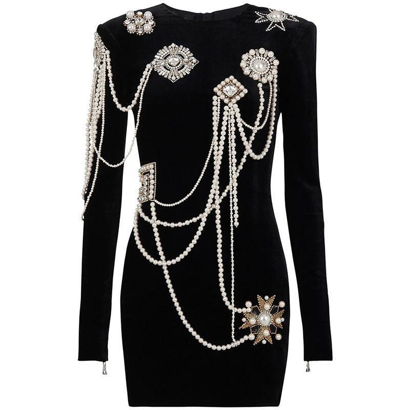 Beads String Pearl Badge Long Sleeve Slim Fit Pleuche Dress REBECATHELABEL