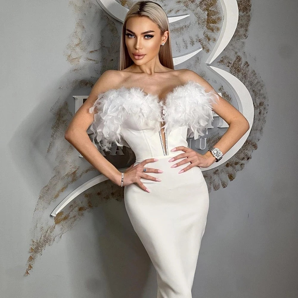 Berbie midi feather dress REBECATHELABEL