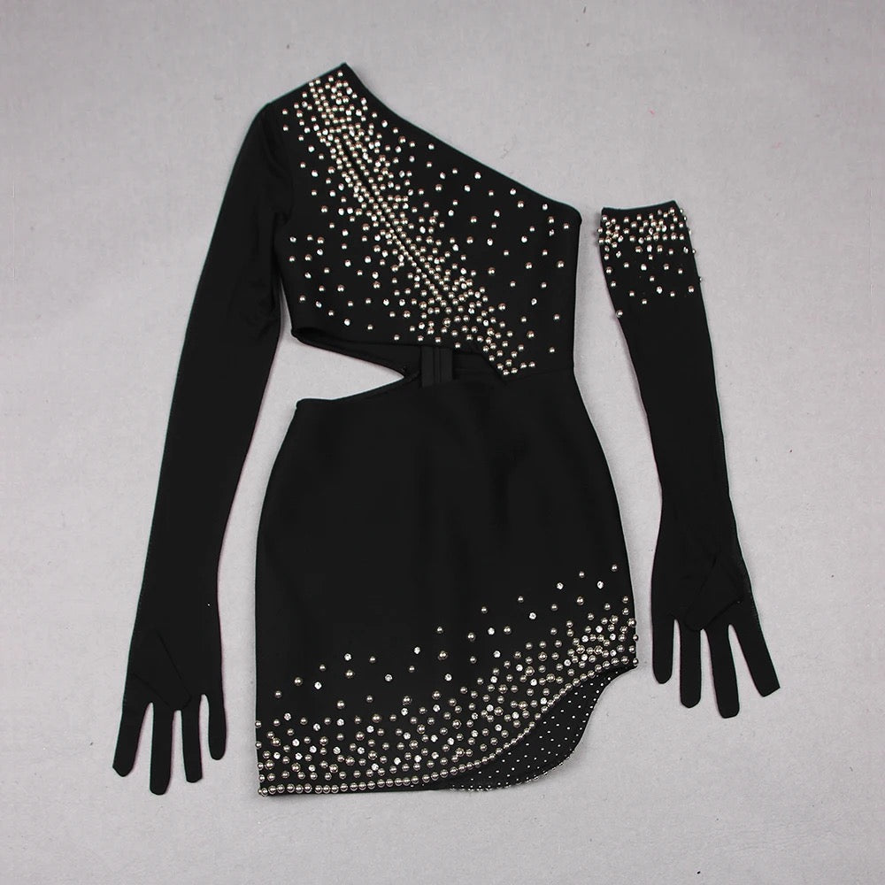 Black Beaded Mini Tight Bandage Dress REBECATHELABEL