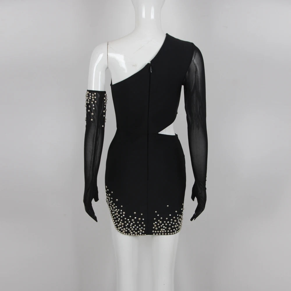 Black Beaded Mini Tight Bandage Dress REBECATHELABEL