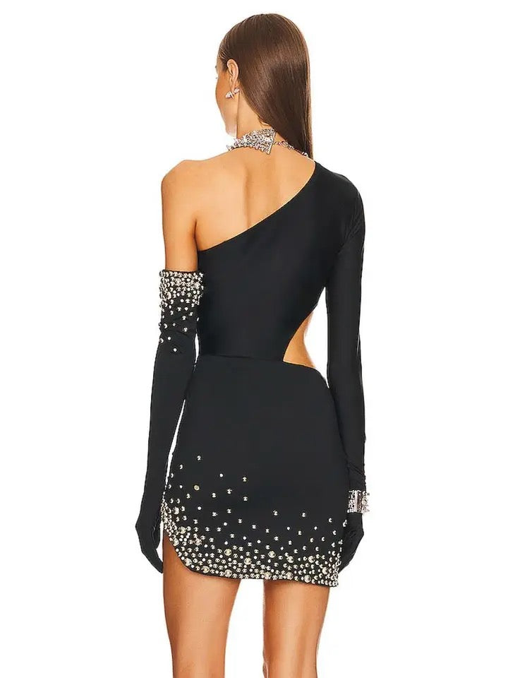 Black Beaded Mini Tight Bandage Dress REBECATHELABEL