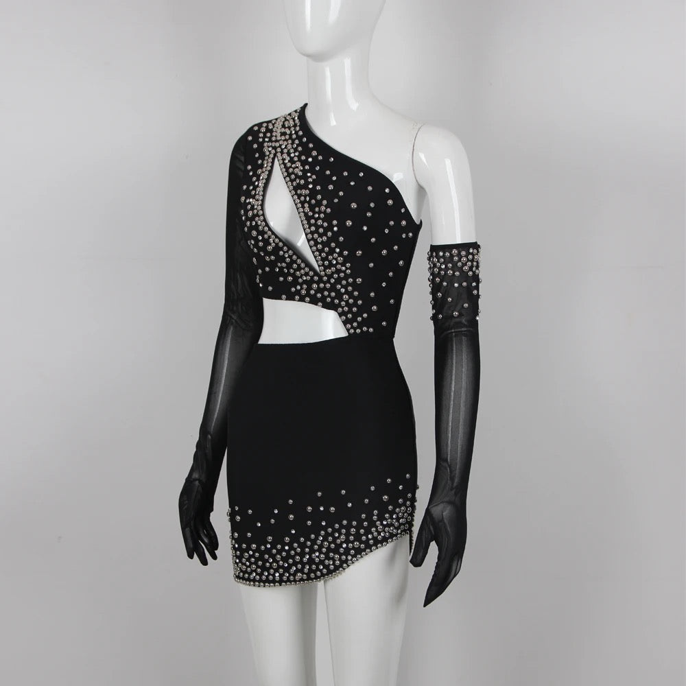 Black Beaded Mini Tight Bandage Dress REBECATHELABEL