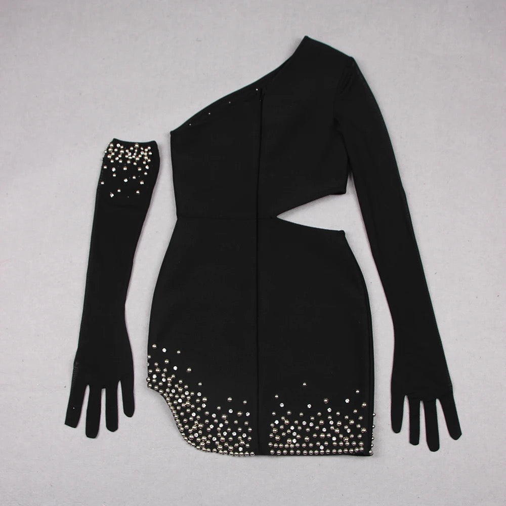 Black Beaded Mini Tight Bandage Dress REBECATHELABEL