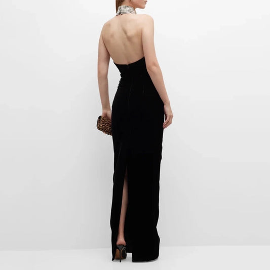 Black Diamond Necklace Sleeveless Open Back Sexy Long Dress REBECATHELABEL