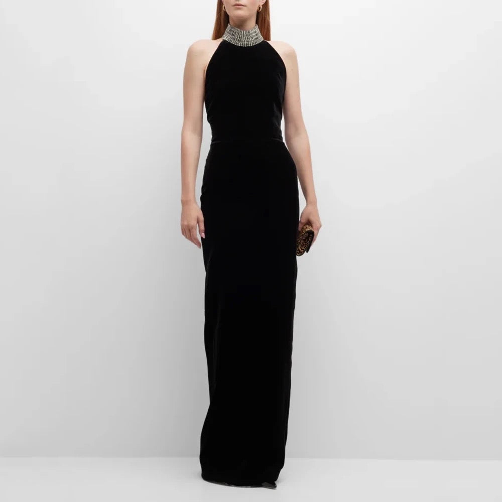 Black Diamond Necklace Sleeveless Open Back Sexy Long Dress REBECATHELABEL