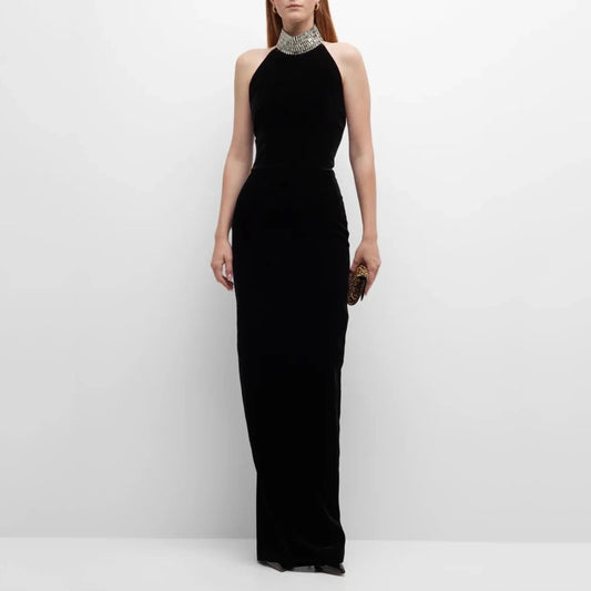 Black Diamond Necklace Sleeveless Open Back Sexy Long Dress REBECATHELABEL