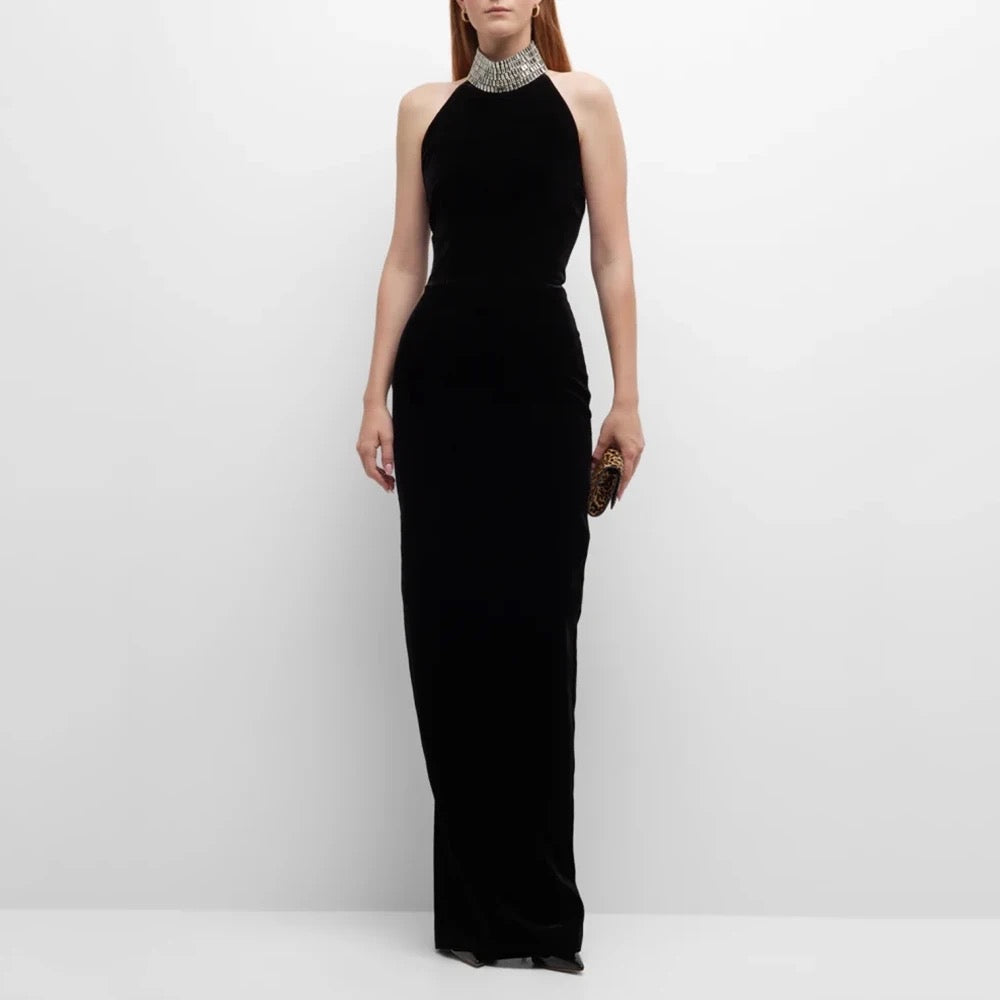 Black Diamond Necklace Sleeveless Open Back Sexy Long Dress REBECATHELABEL