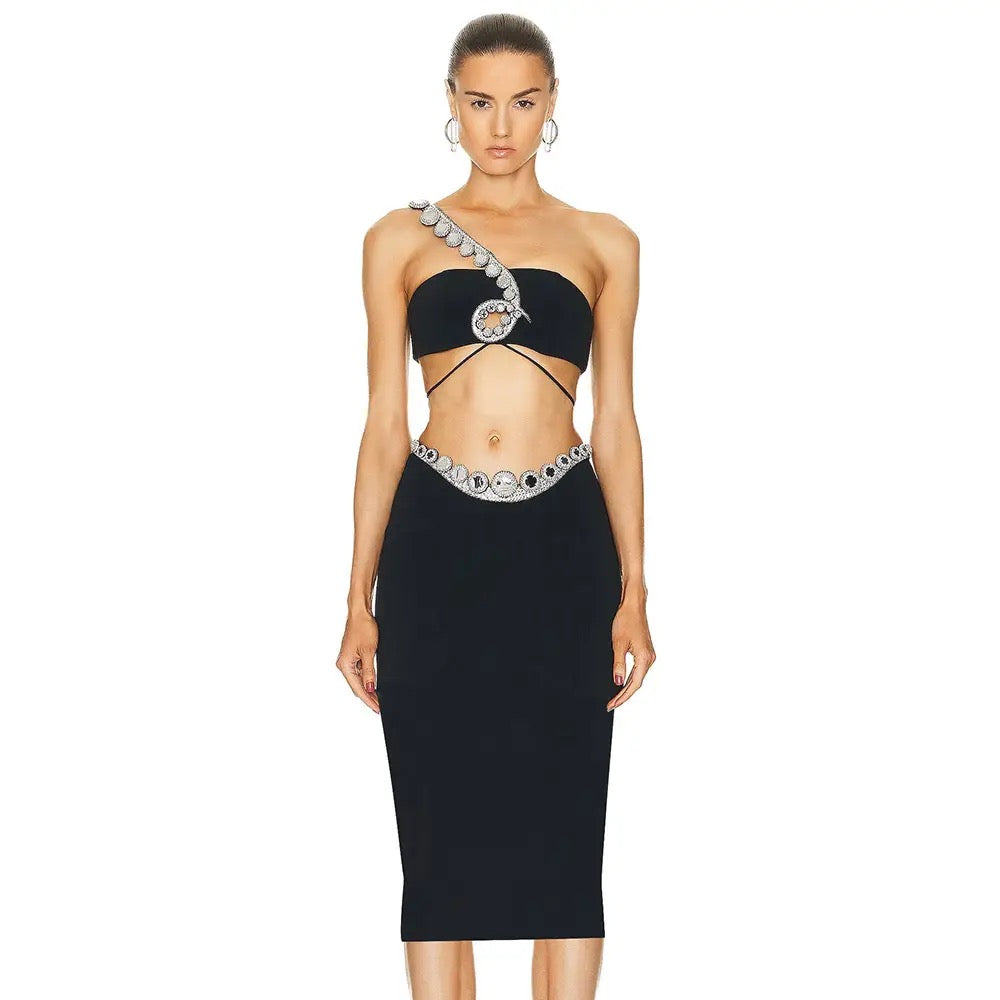 Black Sequin Diamond Sexy dress set REBECATHELABEL