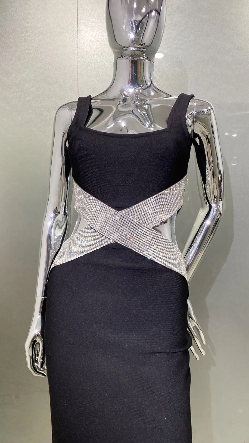 Black Sleeveless Sexy Square Neck Sparkling Diamond dress REBECATHELABEL