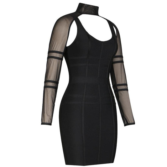 Black U Neck Long Sleeved Mesh Layering Bandage Dress REBECATHELABEL