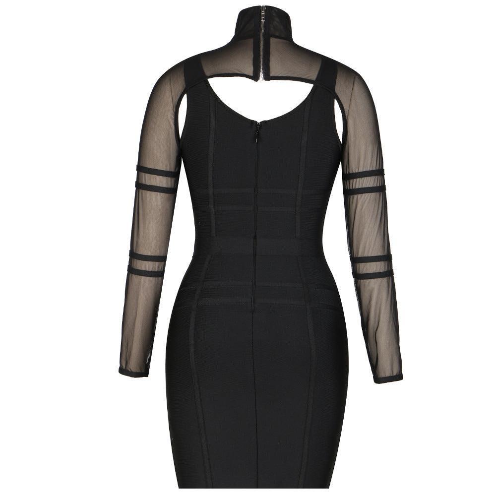 Black U Neck Long Sleeved Mesh Layering Bandage Dress REBECATHELABEL