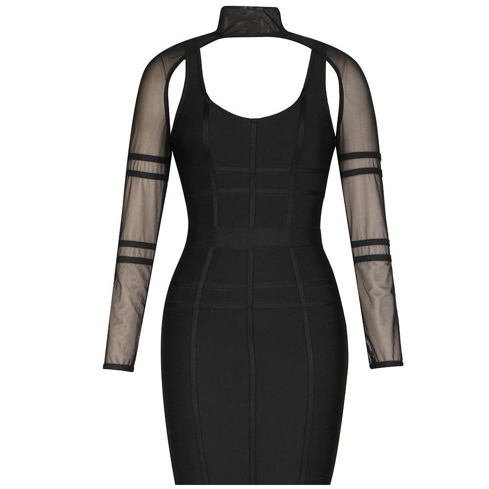 Black U Neck Long Sleeved Mesh Layering Bandage Dress REBECATHELABEL