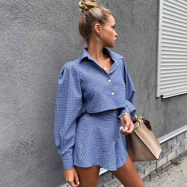 Blue Plaid Street Retro Long Sleeves Cropped Shirt Shorts sets REBECATHELABEL