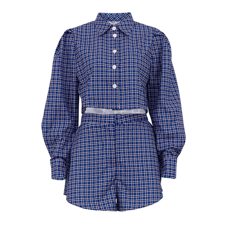 Blue Plaid Street Retro Long Sleeves Cropped Shirt Shorts sets REBECATHELABEL