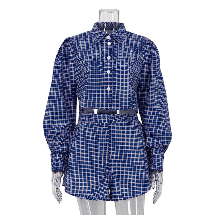 Blue Plaid Street Retro Long Sleeves Cropped Shirt Shorts sets REBECATHELABEL