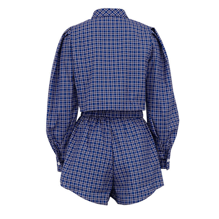 Blue Plaid Street Retro Long Sleeves Cropped Shirt Shorts sets REBECATHELABEL