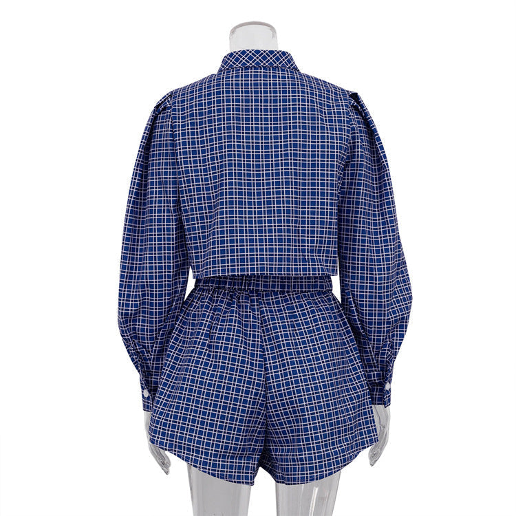 Blue Plaid Street Retro Long Sleeves Cropped Shirt Shorts sets REBECATHELABEL