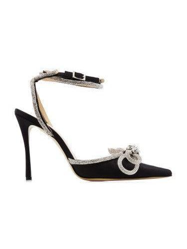 Bow Crystal Satin Heels In Black REBECATHELABEL