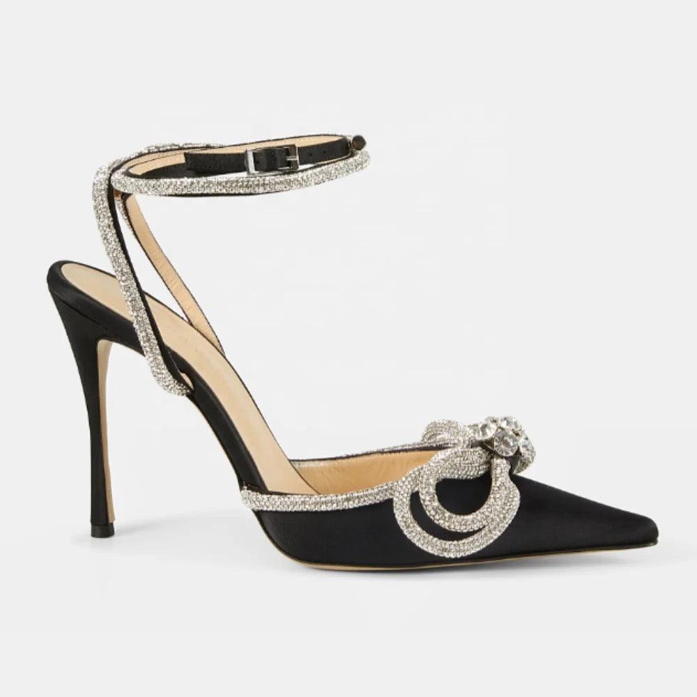 Bow Crystal Satin Heels In Black REBECATHELABEL