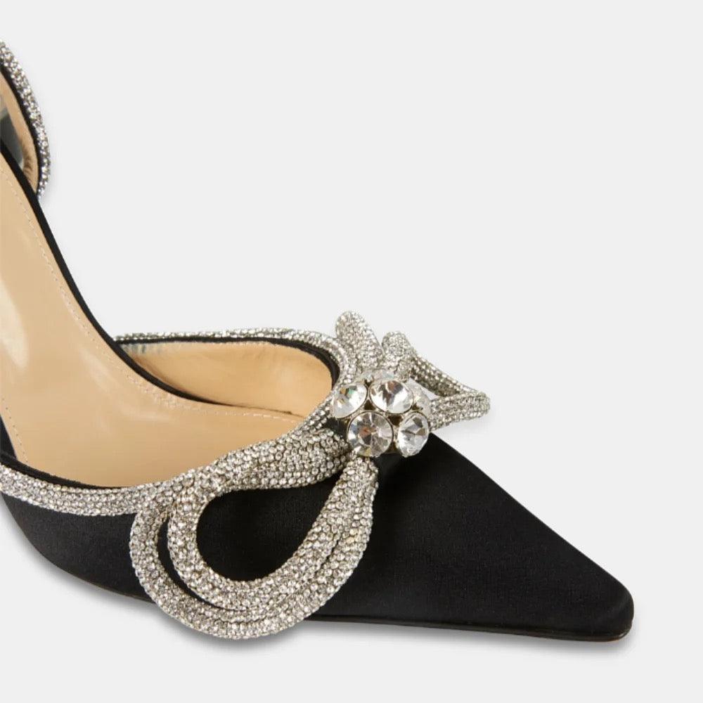 Bow Crystal Satin Heels In Black REBECATHELABEL