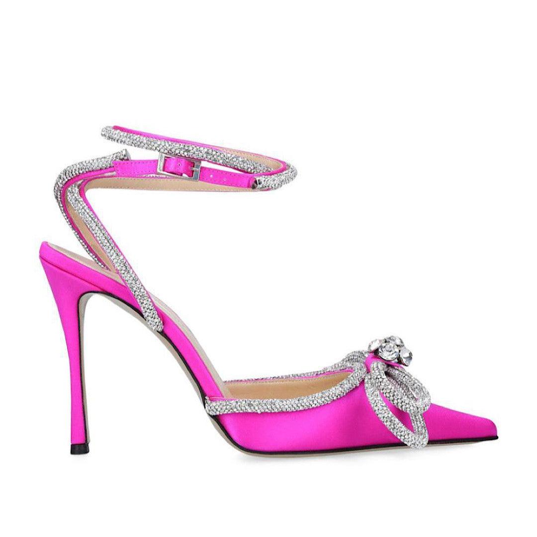 Bow Crystal Satin Heels In Hot Pink REBECATHELABEL