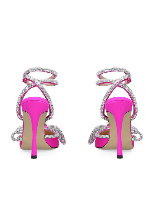 Bow Crystal Satin Heels In Hot Pink REBECATHELABEL