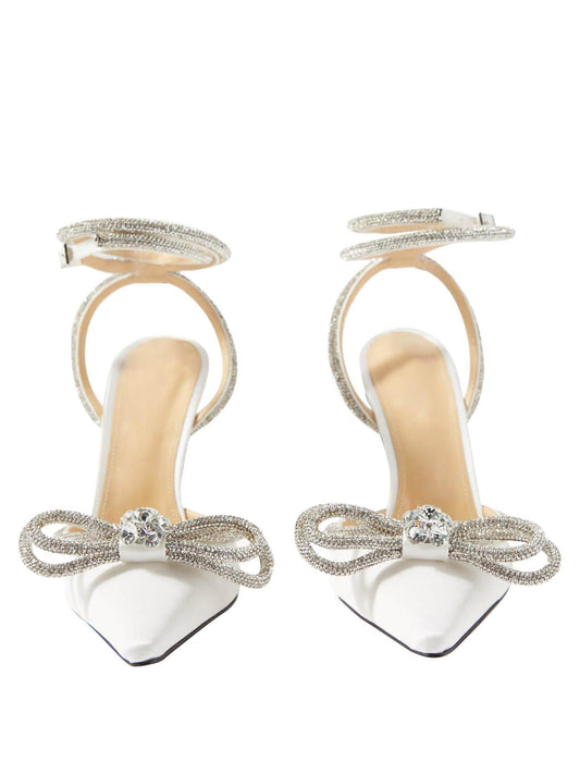 Bow Crystal Satin Heels In White REBECATHELABEL