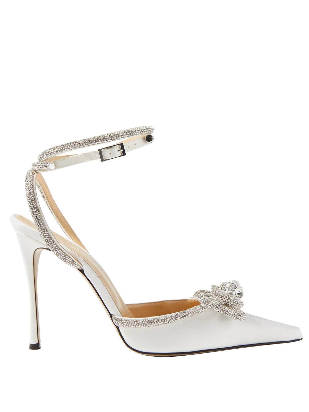 Bow Crystal Satin Heels In White REBECATHELABEL