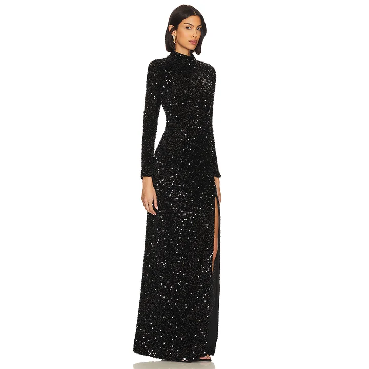 Sequins Open Back High Split Evening Dress