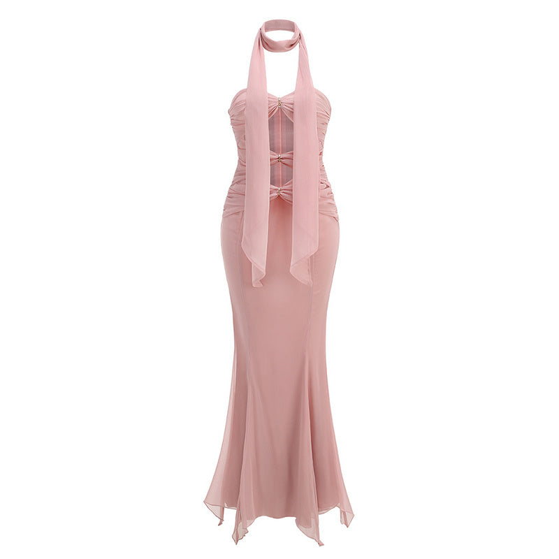 Pink Scarf Maxi Strapless Sleeveless Hollow out dress