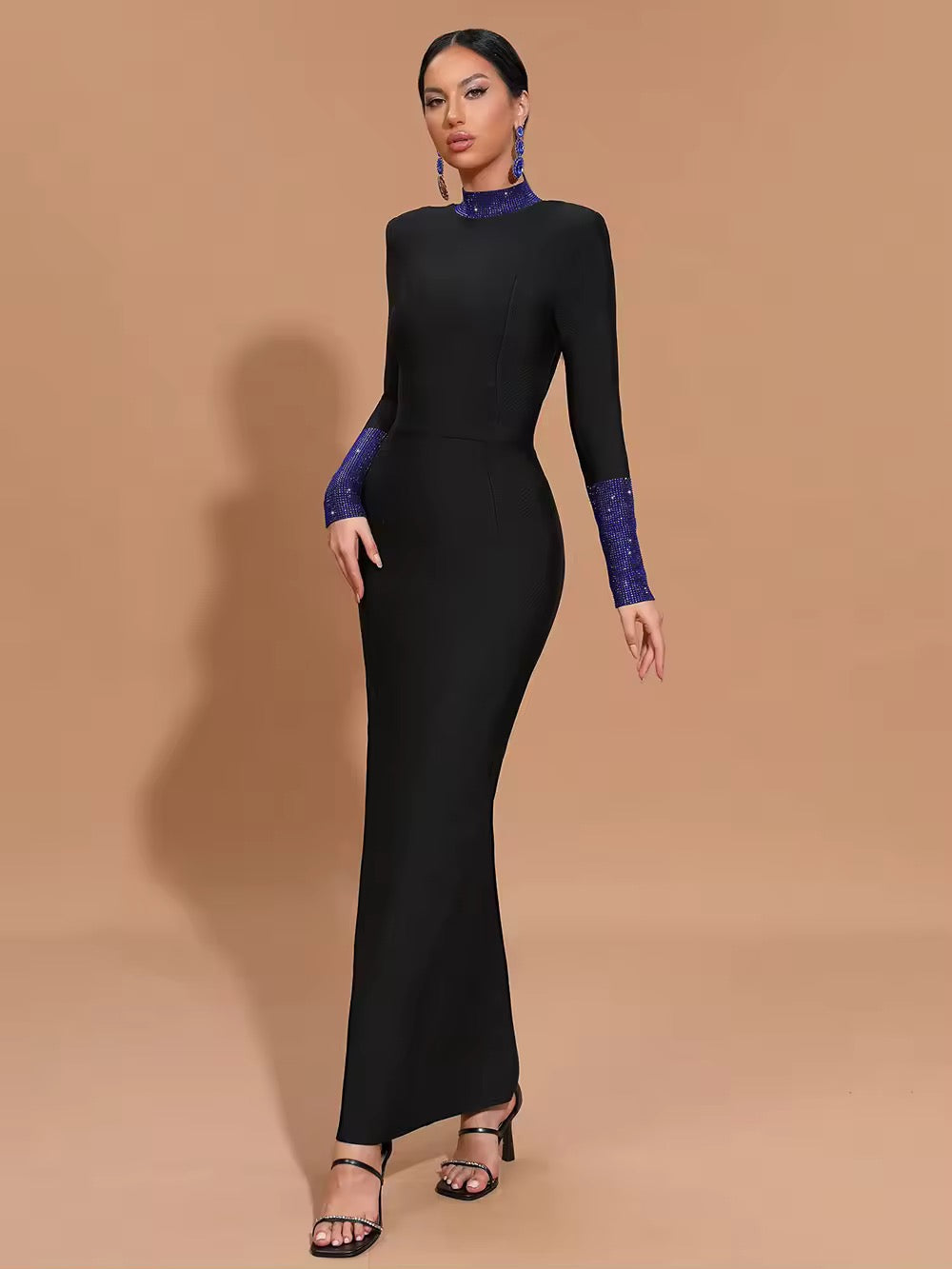 Black Turtleneck Bodycon Rhinestone Backless Long Sleeve Bandage Maxi Dress