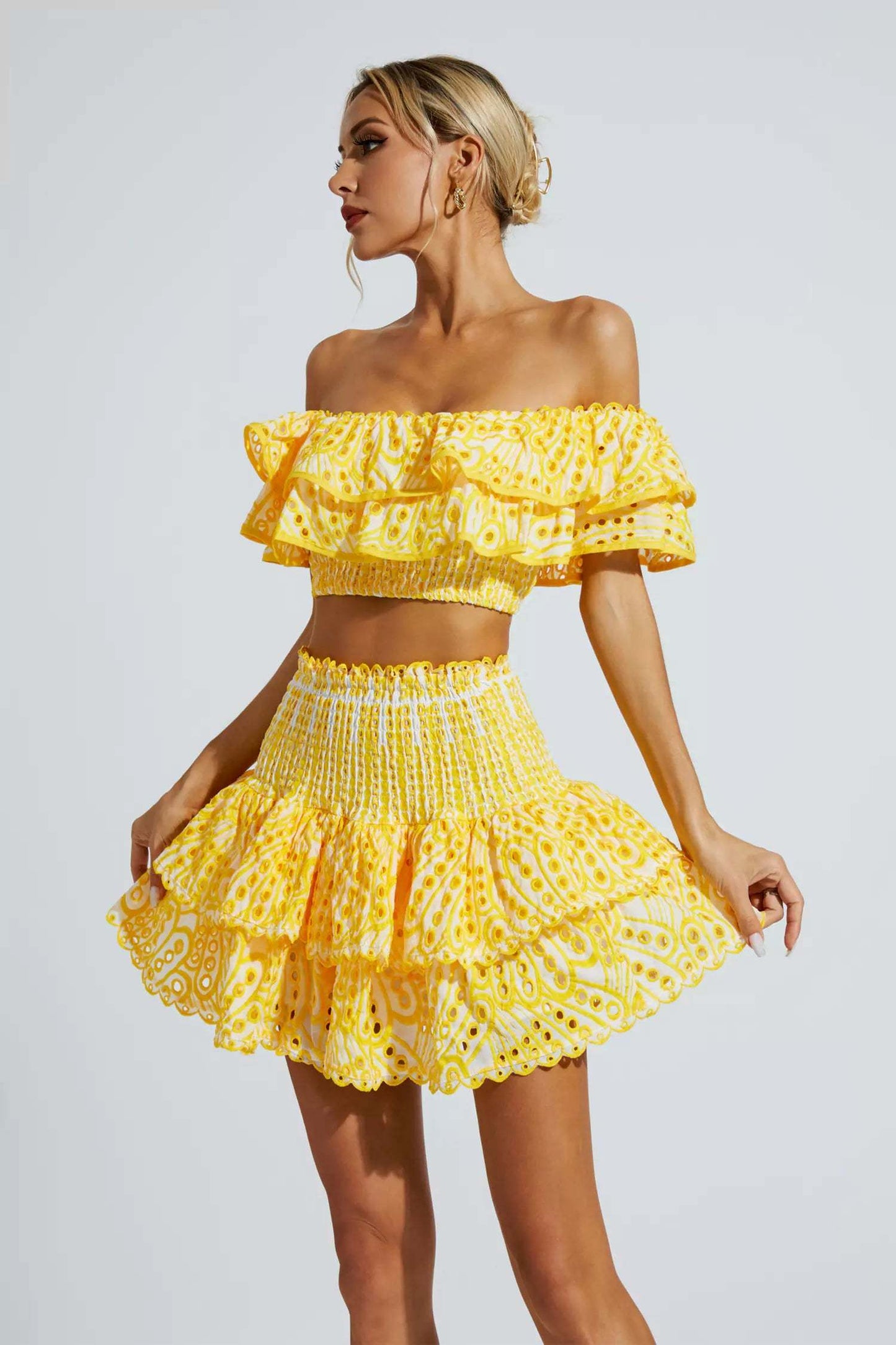 Yellow Floral Ruffle Off-Shoulder Set