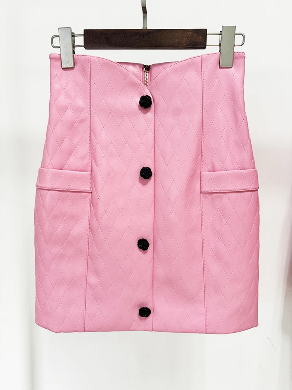 Pink Diamond Quilted Short Leather Jacket Leather Mini Skirt set