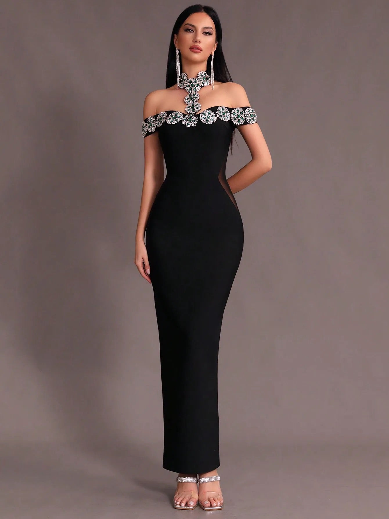 Off Shoulder Luxury Diamond Tight Long Bandage Dress