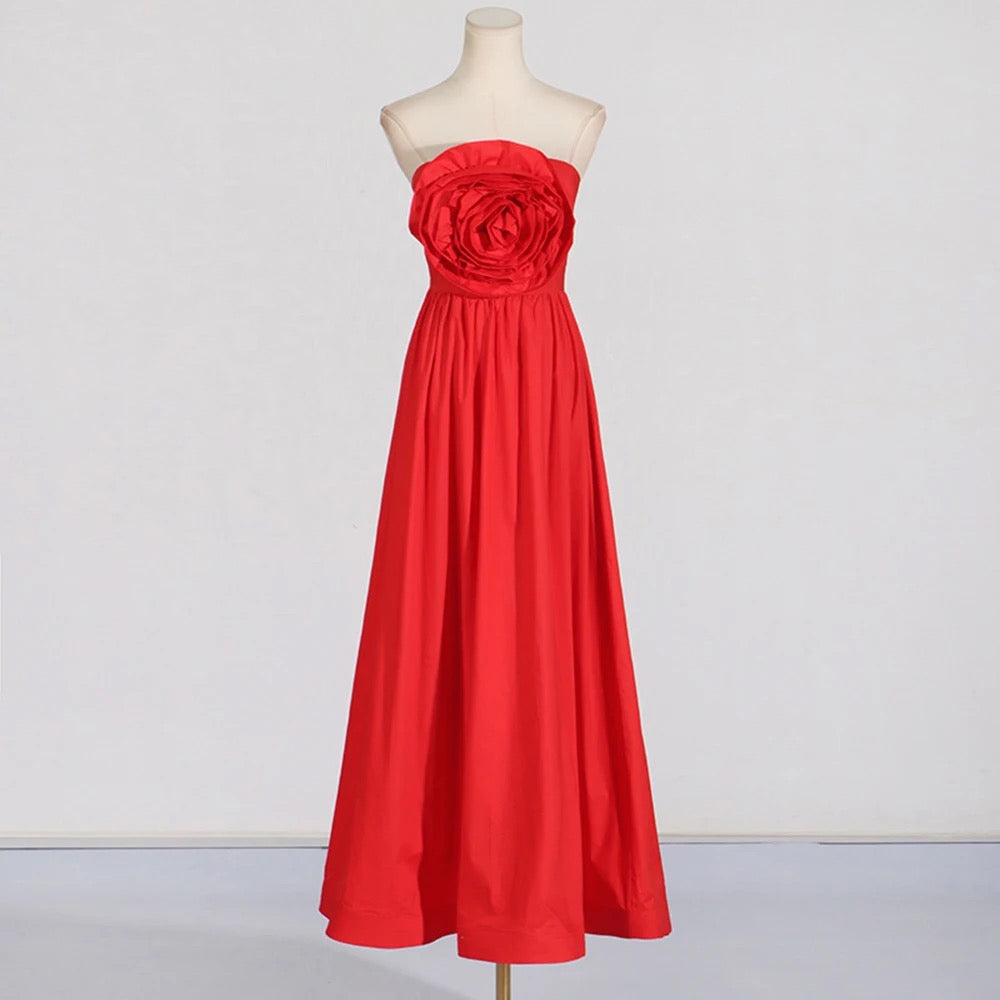 Strapless 3D Rose A Long Wedding Bridesmaid Dress