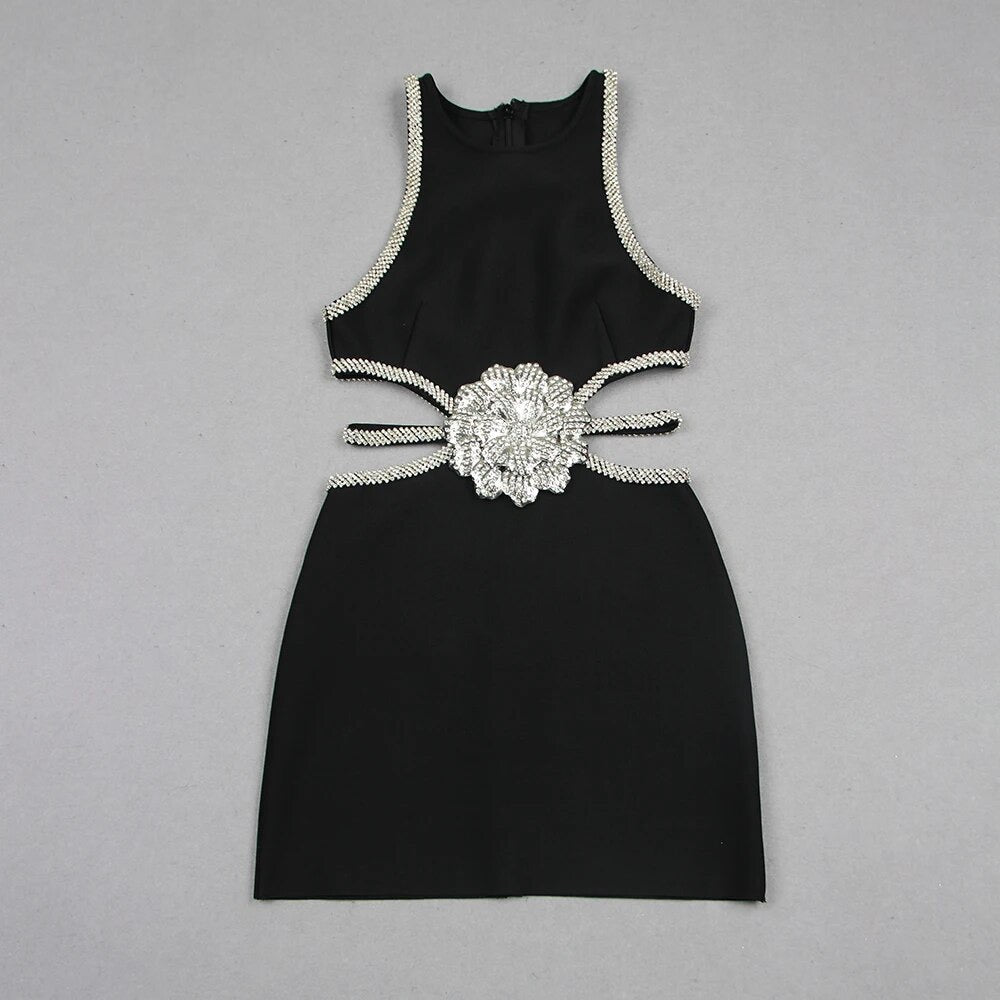 3D Flower Diamond Hollow Cut Mini Bandage Dress