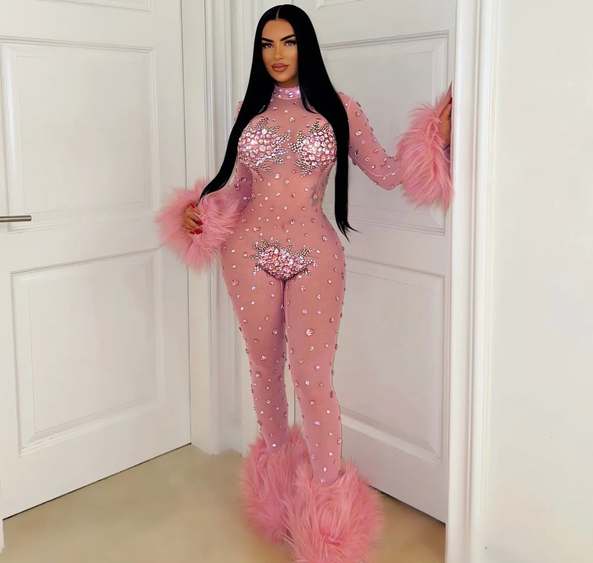 Nicki crystal fur jumpsuit