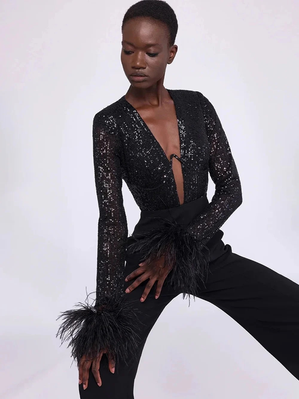 Long sleeved Feather Sexy V-neck Sequin jumpsuit