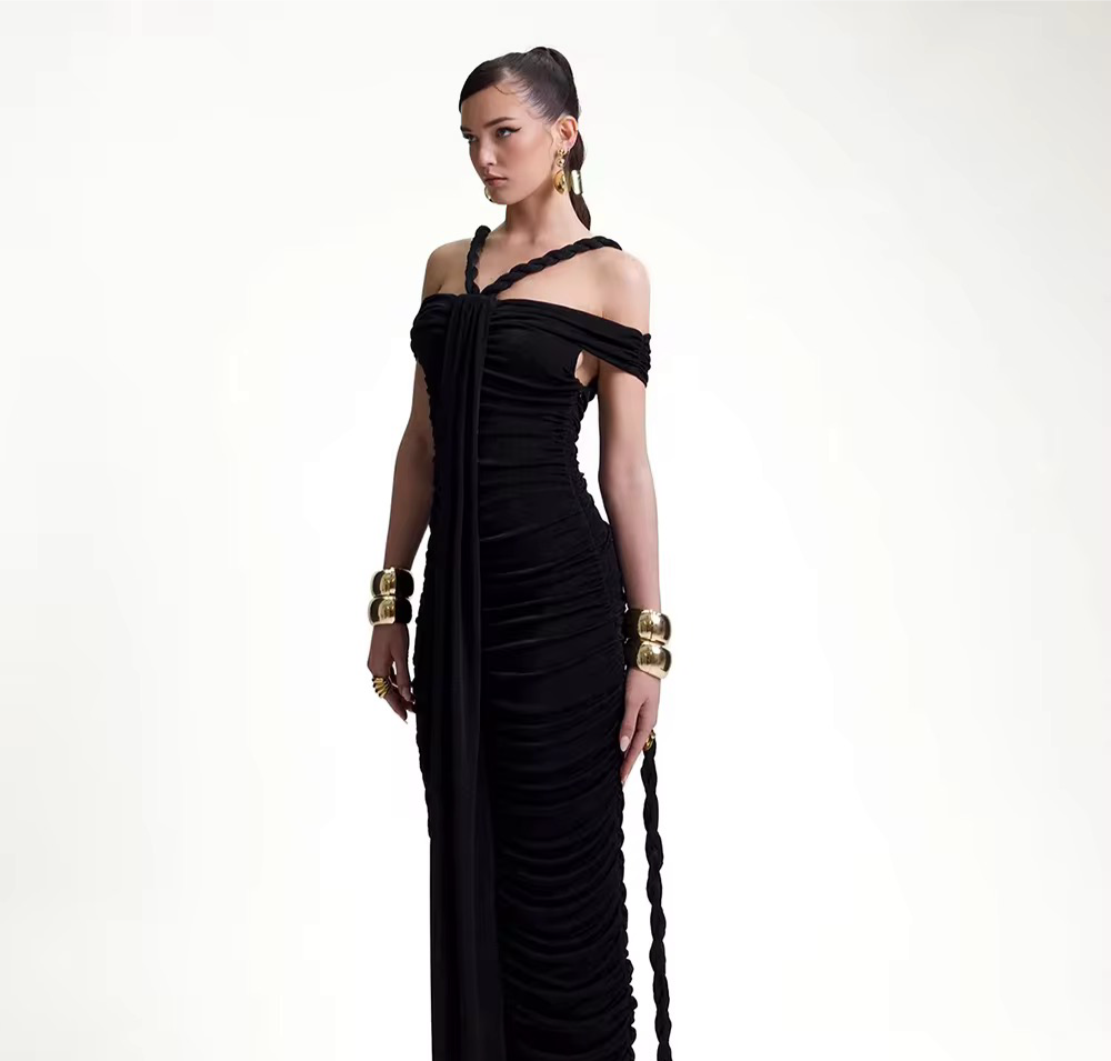 Slash Neck Braided Folds High Waist Elastic Maxi Dress